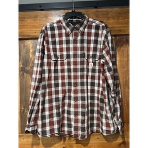 Carhartt Mens Loose Fit Plaid Long Sleeve Button Down Shirt Brown XL